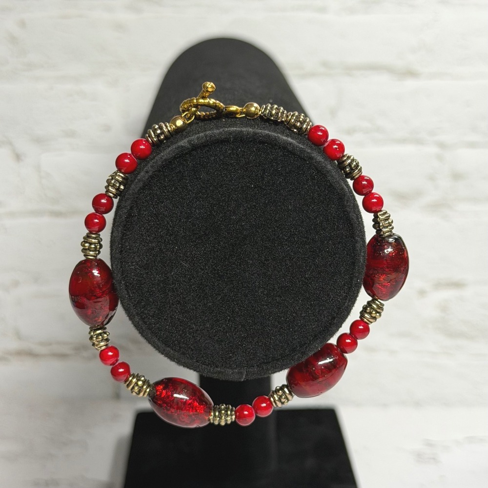 Red Glass Bead Bracelet Gold Tone Toggle Boho Romantic Statement Chic Jewelry